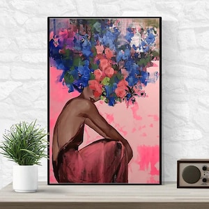 Floral Head Woman Vertical Poster, Black Woman Head Flowers Wall Art, African American Art, Black Art, Black Girl Print, Black Woman Canvas