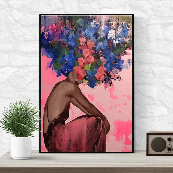 Floral Head Woman Vertical Poster, Black Woman Head Flowers Wall Art, African American Art, Black Art, Black Girl Print, Black Woman Canvas