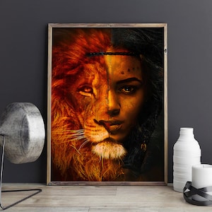 Black Girl With Lion Poster Art, Black Wall Art, Black Art, African American Art, African Art, Black Woman Art, Abstract Art, Black Decor