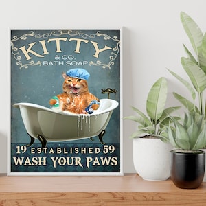 Kitty Bath Soap Company Pôster de lavar suas patas, arte de parede de banheiro, presente de amante de gato, decoração de parede de banheiro, impressão de banheiro de gato, arte de banheiro