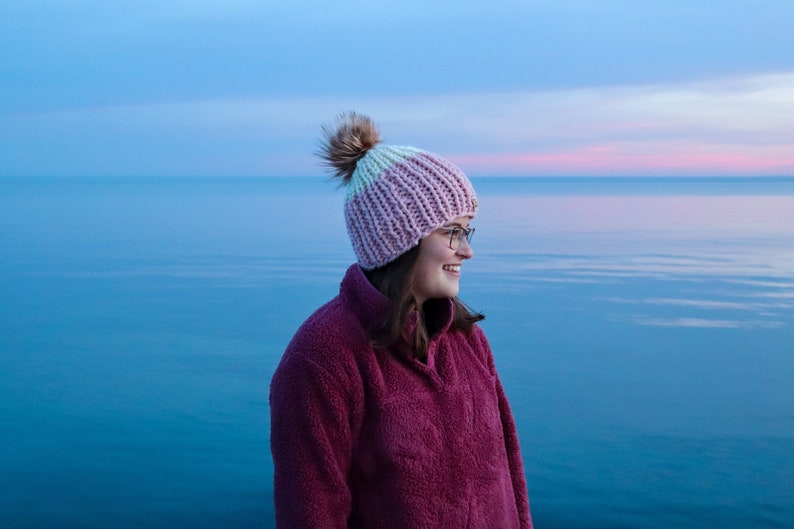 Hand Knit Beanie with Faux Fur Pom Ribbed Stitch Beanie Winter Hat