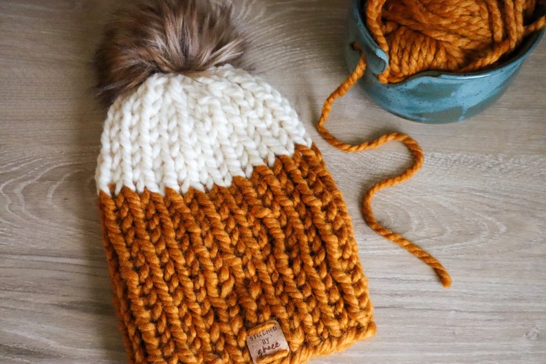 Hand Knit Beanie with Faux Fur Pom Ribbed Stitch Beanie Winter Hat