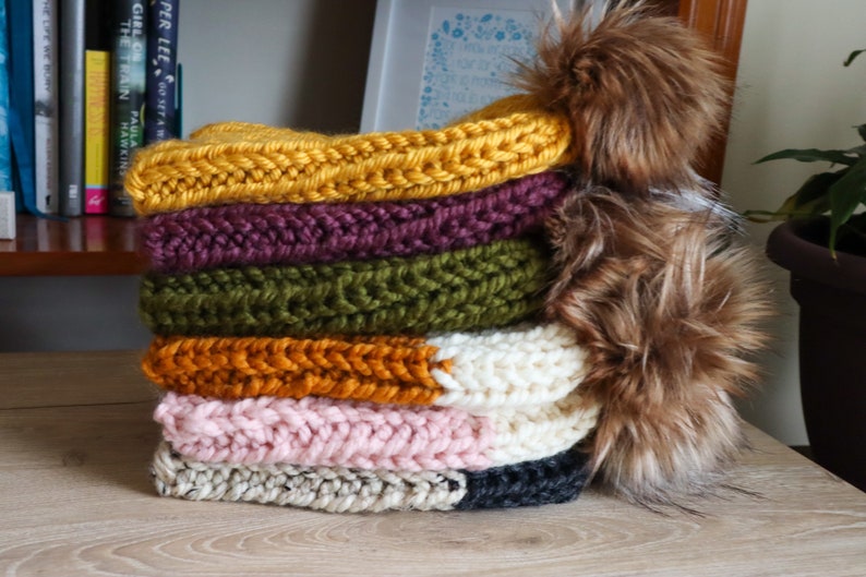 Hand Knit Beanie with Faux Fur Pom Ribbed Stitch Beanie Winter Hat