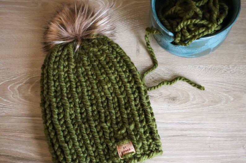 Hand Knit Beanie with Faux Fur Pom Ribbed Stitch Beanie Winter Hat