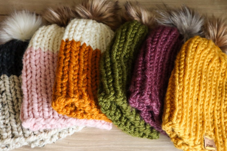 Hand Knit Beanie with Faux Fur Pom Ribbed Stitch Beanie Winter Hat