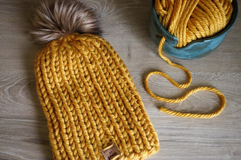 Hand Knit Beanie with Faux Fur Pom Ribbed Stitch Beanie Winter Hat