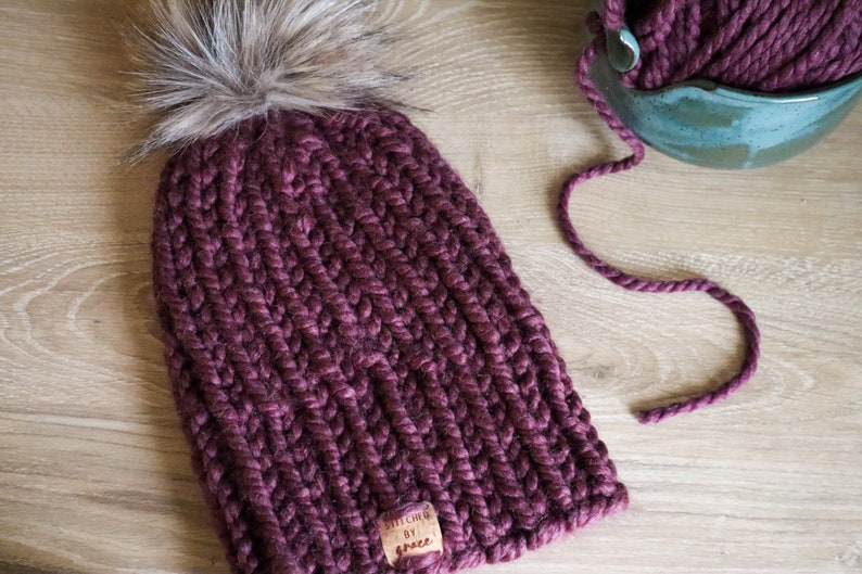 Hand Knit Beanie with Faux Fur Pom Ribbed Stitch Beanie Winter Hat