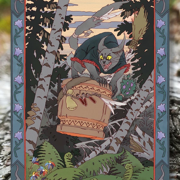 Baba Yaga's Cat A5 Art Print, Traditional Slavic and Russian Illustration, Gothic and Witchy, Fantasy Art Nouveau, Home Decor Gift, Wall Art