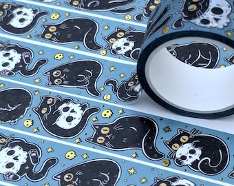 Black Cats with Gold Skulls, Foil Washi Tape for Scrapbooking and Journaling, Whimsical Cat Stationery