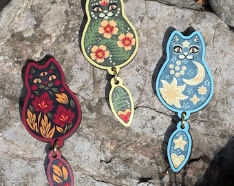Wooden Cat Brooch With Slavic and Floral Motifs, Cute Quirky Accessories, Cat lover gift, Witchy Cat Lapel Pin