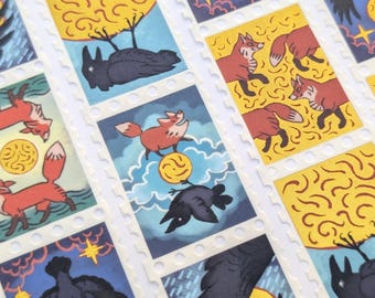 Fox, Crow and Gold Moon Foil Stamp Washi Tape for Scrapbooking, Cute Whimsical Stationery