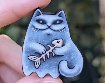 Ghost Cat with Fish, Cute Quirky Gothic Accessories for bags and jackets, Cat Lover Gift