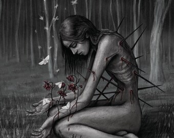 Dark Moths, Emo Horror Art Print, Gothic Grunge Home Decor