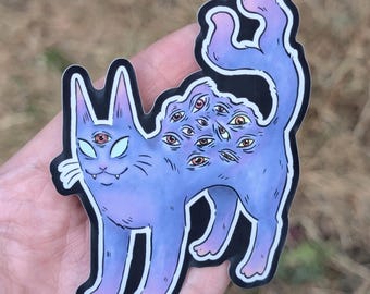 Cryptid Cat with Eldritch Eyes Holographic Vinyl Sticker, Laptop Decal,