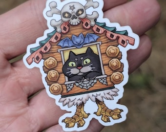 Baba Yaga Hut with Cat - Waterproof Vinyl Sticker, Laptop Scrapbooking Decals, Water bottle stickers, Animal lover gift, Kitty stationery