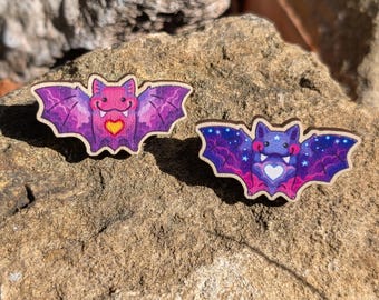 Vampire Bat Wooden Badge, Quirky Accessories for bags and jackets, Cute Pink or Purple Bat, Friendship Gift