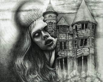 Haunted House Horror Art Print, Gothic Dark Wall Decor, Dark Illustration Postcard
