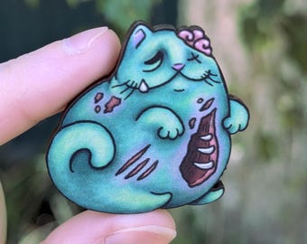 Zombie Cat Wooden Badge, Pins for bags and jackets, Quirky Gothic Accessories