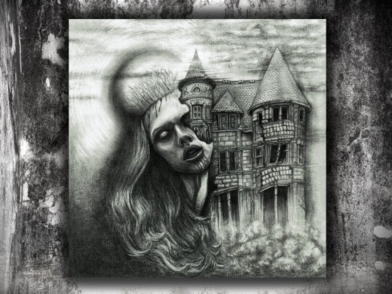 Haunted House Horror Artwork, Dark Art Print Postcard, Gothic Wall Home Décor, Goth Room Decor, Grunge Aesthetic Art, Horror Lover Gift