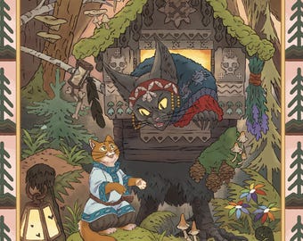 Baba Yaga Witch's Hut, Decorative Wall Art Print for Cat Lovers