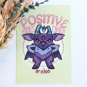 Positive Vibes Only Postcard - Cute and Funny Satan, Mental Health Awareness, Gothic Aesthetic, Positivity and Well Being for Witches