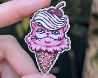 Ice Cream Cat Wooden Pin, Pin Badge for bags and keys, Cute Quirky Accessories, Cat lover gift