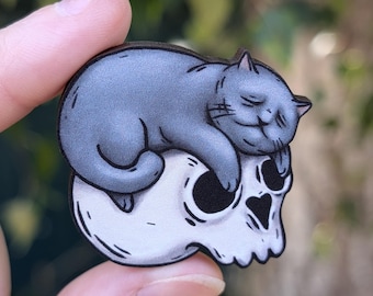 Sleepy Cat on Skull Wooden Badge, Pins for bags and jackets, Quirky Gothic Accessories, Cat Lover Gifts