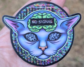 Lost Signal Cat Holographic Waterproof Vinyl Sticker, Laptop Decal, Gothic Stationery