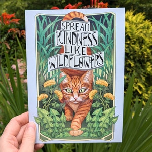 Spread Kindness like Wildflowers A5 Postkarte Kunstdruck, Süße Katze, Positive Affirmation, Geschenk für Katzenliebhaber