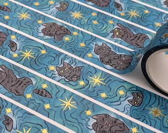 Cute Kittens with Gold Stars Washi Tape for Scrapbooking, Cute Witchy Stationery