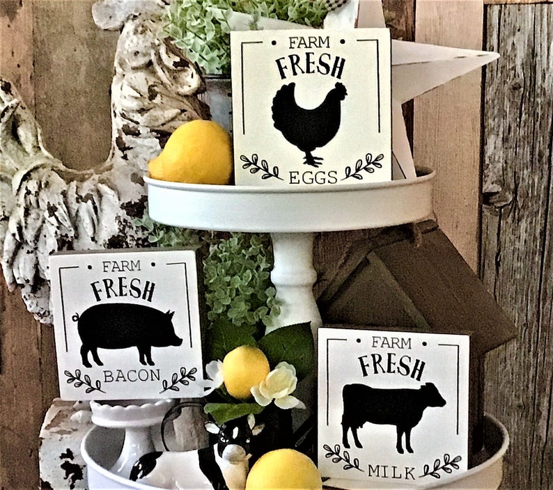 Farm Fresh Pig /& Cow ~ Farm Fresh Signs 4x4Farmhouse Tiered Tray Decor Rustic Country Signs| Chicken