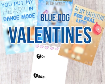 May include: A collection of Valentine's Day cards with various designs and text. One card reads "You put my heart in dance mode." Another says "Your love is worth all the dollar bucks." The cards are themed around "Blue Dog" and "Valentines."