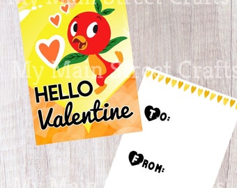May include: A printable Valentine's Day card featuring a cartoon bird with an orange body and yellow beak. The card has a yellow background with orange hearts and the text "HELLO VALENTINE". The card also includes a blank space for the recipient's name and the sender's name.