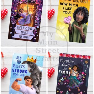 May include: Four printable Valentine's Day cards featuring characters from the animated film "Encanto". The cards feature the text "What else can I do but love you?", "Can we talk about how much I like you?", "My heart beats strong for you", and "Valentine, I love you like family".