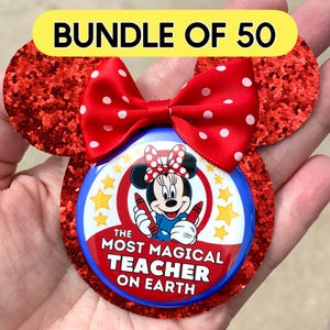 BUNDLE OF 50 The Most Magical Teacher on Earth Minnie Mouse Button with Backer