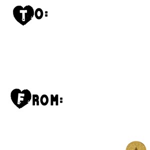 May include: A blank card with a heart design and the words "To:" and "From:" printed on it. The card is decorated with a string of gold hearts and a small candle with a gold flame.