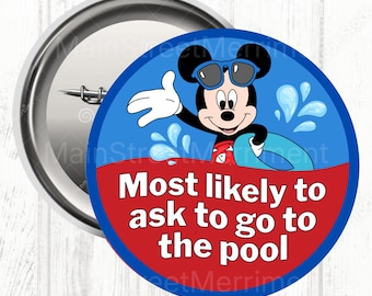 Disney wird am wahrscheinlichsten fragen, zum Pool Knopf zu gehen, Disney-Feier-Knopf, Park-Knopf, Disney-Superlative