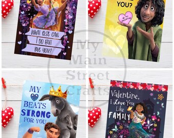 May include: A digital download featuring four Valentine's Day cards with characters from the movie Encanto. Each card has a different design and message, including phrases like "What else can I do but love you?" and "I love you like family."