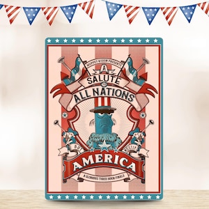 May include: A rectangular poster with a patriotic theme. The poster features the text "Muppet-Vision Presents A Salute to All Nations But Mostly America A Glorious Three Hour Finale." The design includes red, white, and blue colors, stars, and illustrations.
