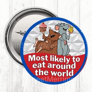 May include: A round pinback button featuring a cartoon illustration of a brown rat holding a cupcake and a grey rat holding a piece of yellow cheese. The text "Most likely to eat around the world" is printed in white on a red background.