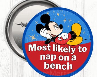 Disney Wahrscheinlich machen Nickerchen auf einer Bank Knopf, Disney Feier Knopf, Park Knopf, Disney Superlative