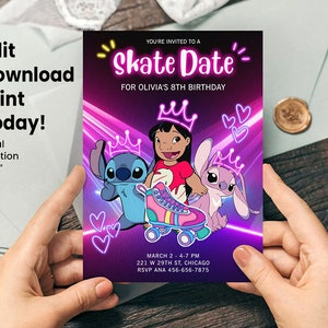 Faire-part d'anniversaire de patinage à roulettes Stitch Lilo Angel – éditable en téléchargement numérique
