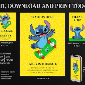 Stitch Skateboard Birthday Invitation, Stitch Skateboard Thank You card, Stitch Skateboard Welcome Sign
