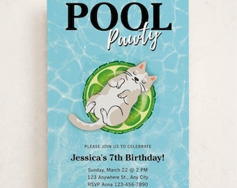 May include: A rectangular invitation card with a light blue swimming pool water background. The text reads POOL Pawty. A cartoon cat floats on a green lime slice pool float. Below, the text reads PLEASE JOIN US TO CELEBRATE Jessica's 7th Birthday! Sunday, March 22 @ 2 PM, 123 Anywhere St., Any City, RSVP Anna 123-456-7890.