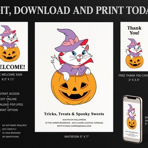 マリー・ザ・キャットのハロウィン、猫の魔女コスチュームの招待状。サンキューカード、ウェルカムサイン