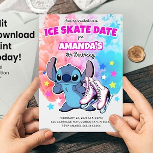 Invito di compleanno a tema pattinaggio su ghiaccio Stitch - Download digitale modificabile, accesso immediato, invito personalizzato per la festa