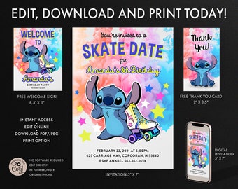 Stitch Roller Skating Birthday Invitation, Stitch Thank You card, Stitch Welcome Sign