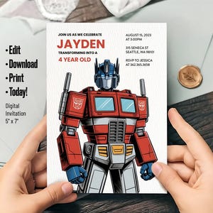 Convite de aniversário Optimus – Download digital editável inspirado no Transformer