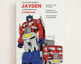 Convite de Aniversário do Optimus Prime - Modelo de Festa Digital Editável, Download Instantâneo, Corjl Invite