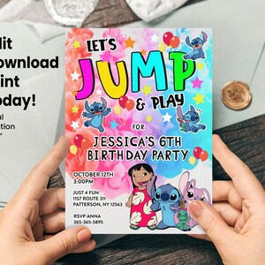 Invitation à une fête Stitch Jump – Modèle d'anniversaire rebond modifiable